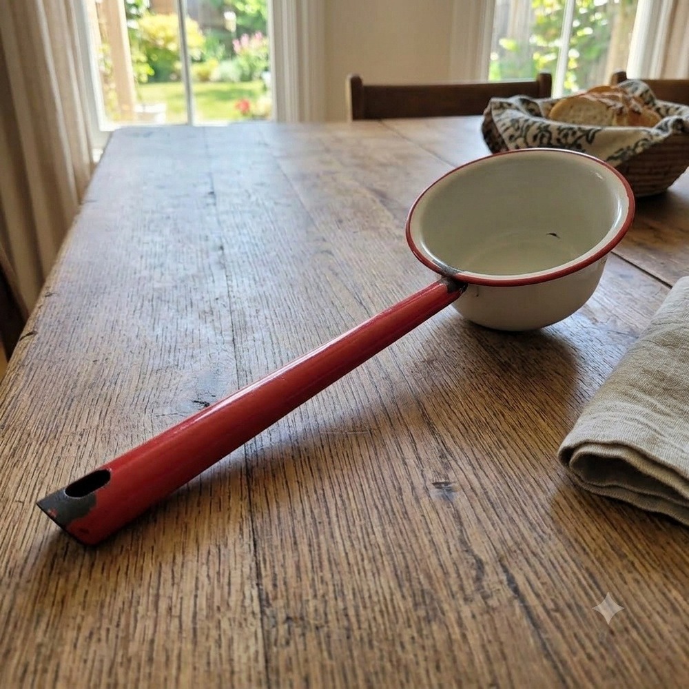 Vintage Enamelware Water Dipper Ladle White Red Rim Farmhouse Primitive 13.5"